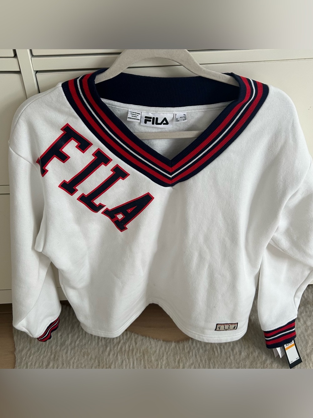 FILA Women's White V-Neck Logo Sweatshirt Top with Navy & Red Trim S